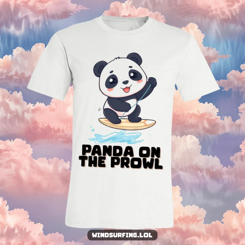 Funny T-Shirt: A gleeful panda struggles to balance on a tiny windsurfing board, showcasing funny determination.