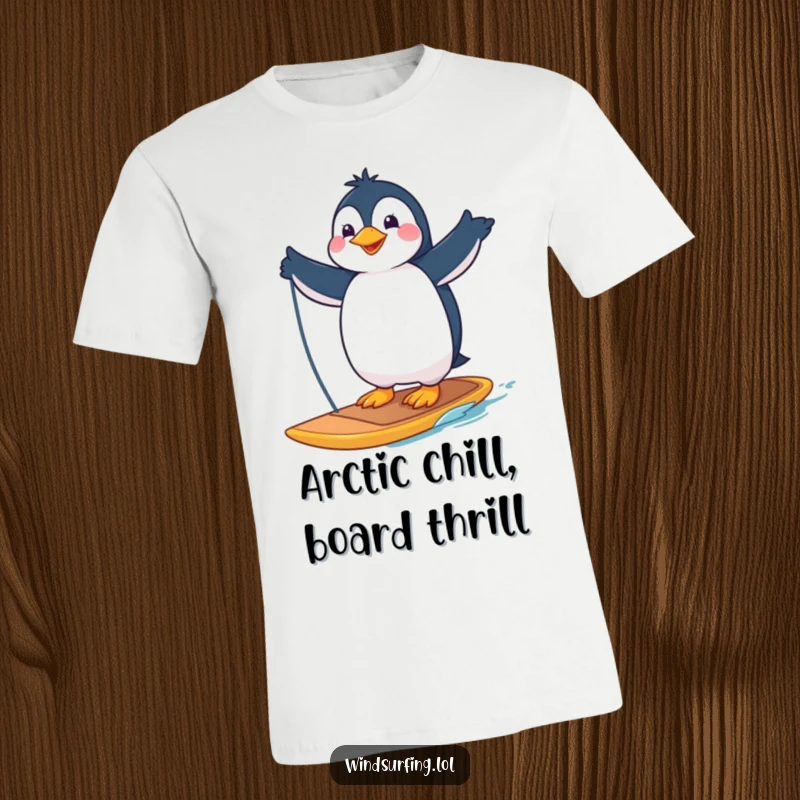 Funny t-shirt featuring a proud penguin striking a confident pose on a windsurfing board, ready for action and laughter.