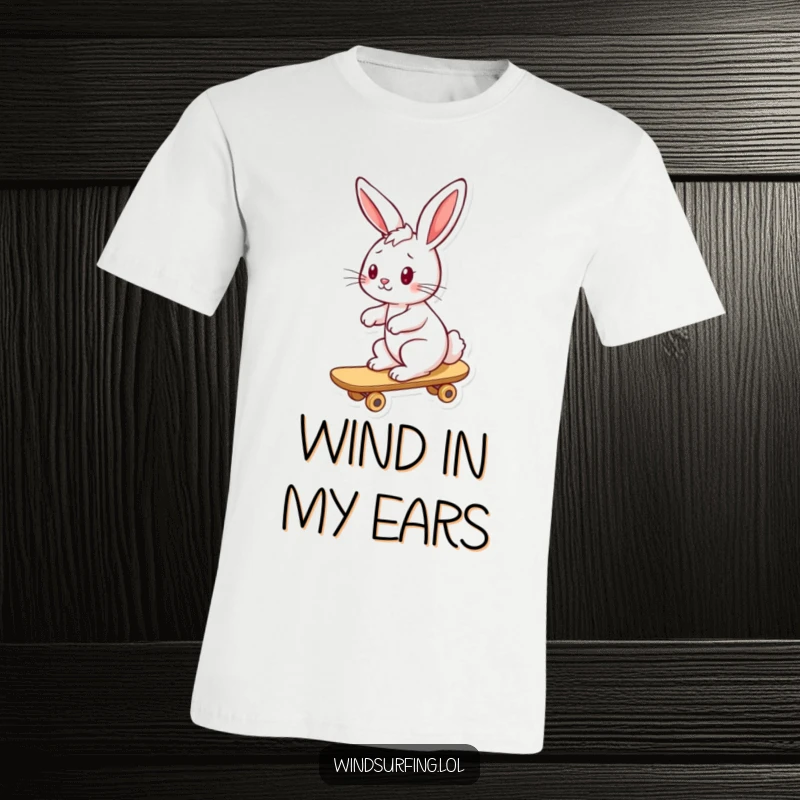 Funny bunny t-shirt depicting a playful bunny with windblown ears riding a board, full of energy and joy.