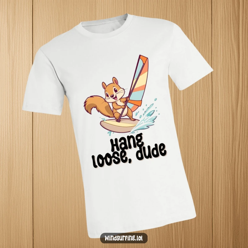 Funny squirrel executing a daring windsurf turn, focused expression, conveying high-energy action and humor on a t-shirt.