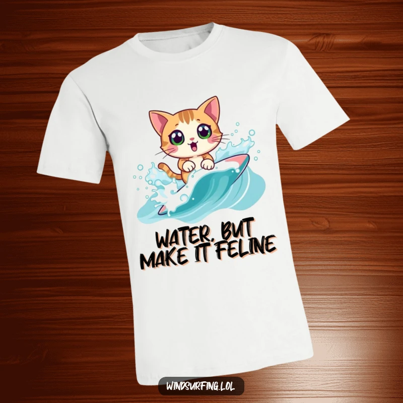 Funny T-Shirt: A surprised cat windsurfing, dramatically splashing through a wave, a hilarious and action-packed funny gift.