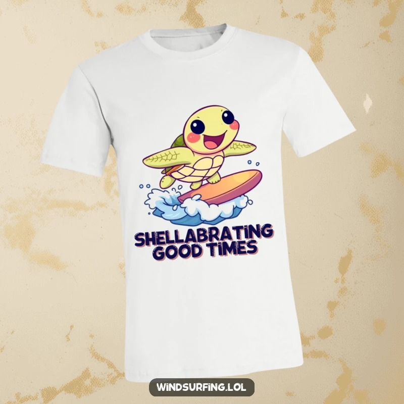 Funny t-shirt featuring a joyful sea turtle surfing a small wave with excitement. Ideal for beach lovers and humor fans.