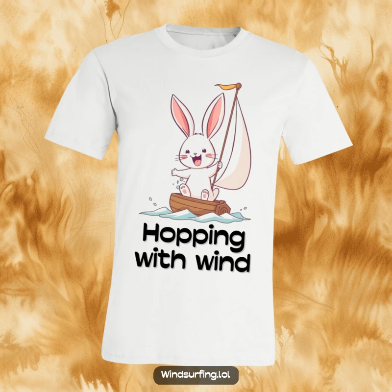 Funny Bunny T-Shirt depicting a joyful bunny comically struggling with a large sail. A humorous graphic tee for the determined.