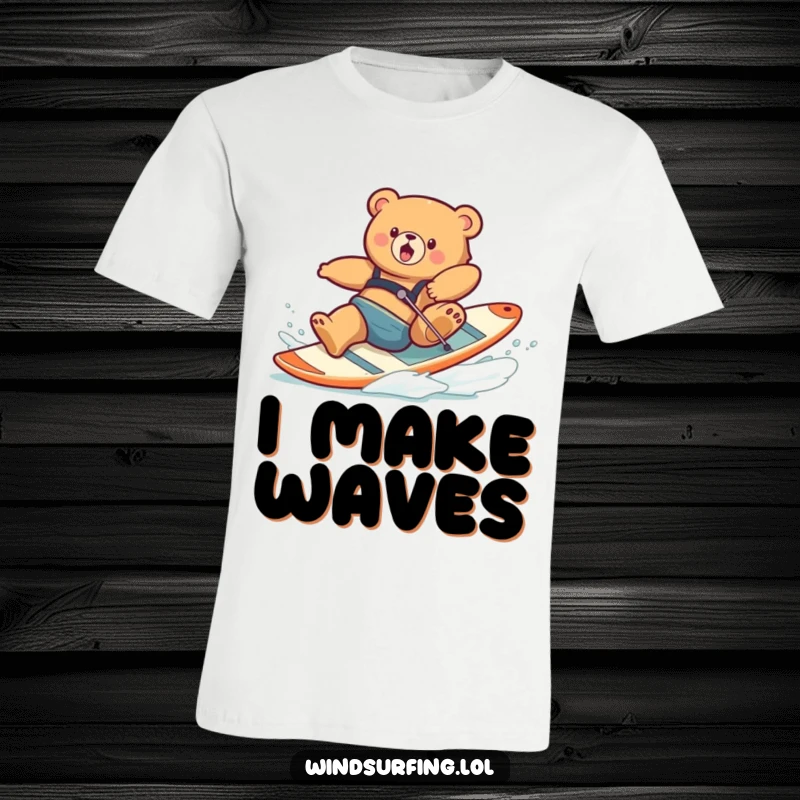 Funny t-shirt with a clumsy bear hilariously falling off a windsurfing board mid-ride, capturing pure comical disaster.