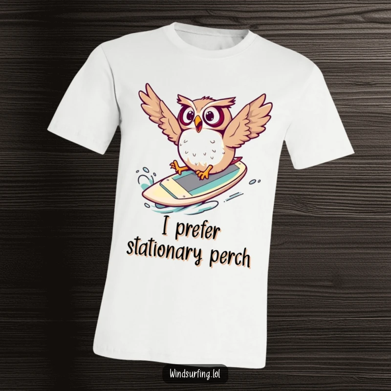 Funny T-Shirt depicting a surprised owl comically falling off a windsurf board, wings flailing hilariously in mid-air.