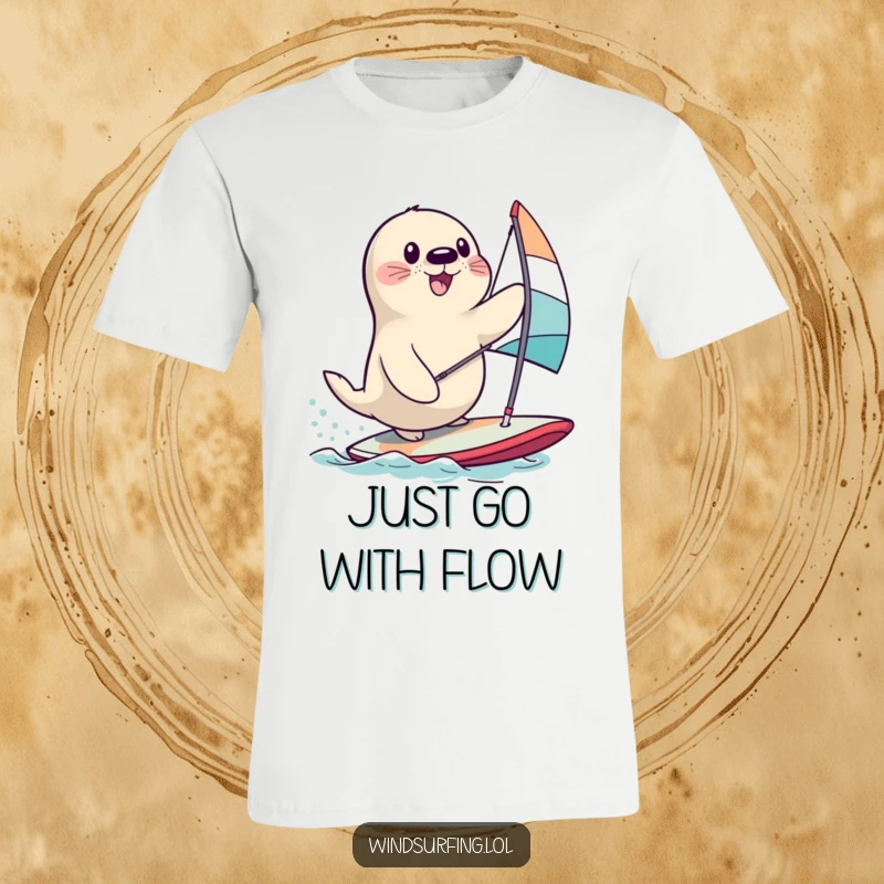 Funny seal wobbling ungracefully on a windsurfing board, capturing the epic struggle for a hilarious t-shirt.