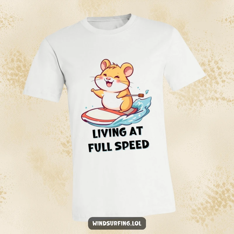 Funny t-shirt featuring a cheerful hamster with a big grin, confidently steering a windsurf board across the waves.