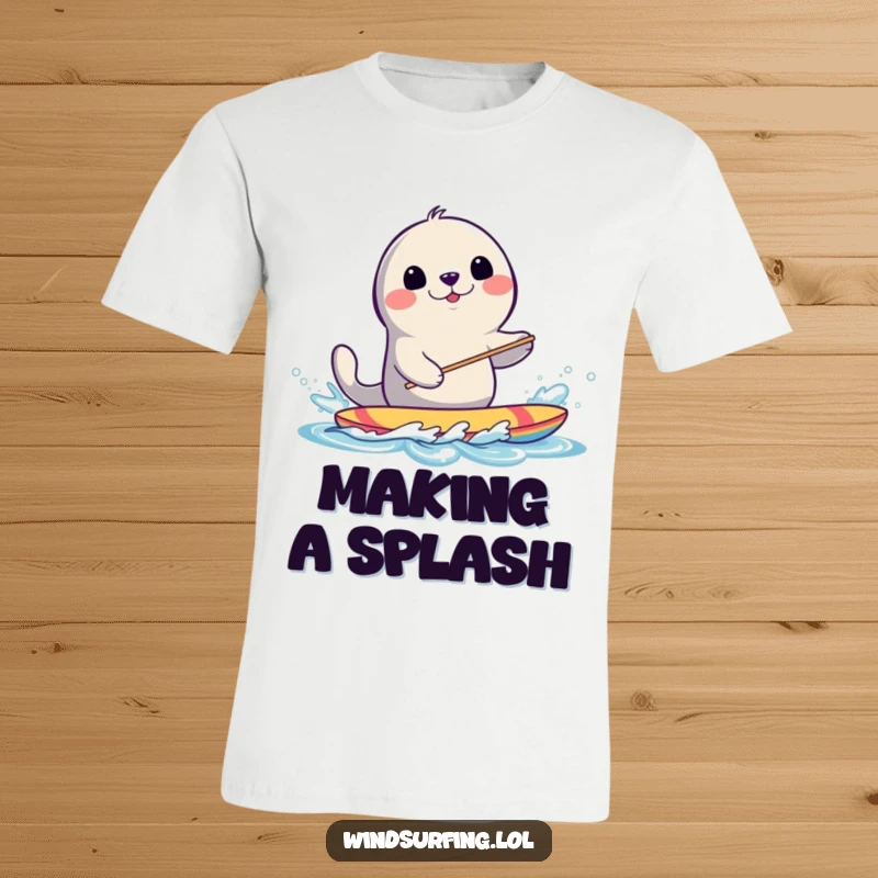 Funny Seal Windsurfing T-Shirt: A smiling seal playfully splashes water while windsurfing with infectious enthusiasm.