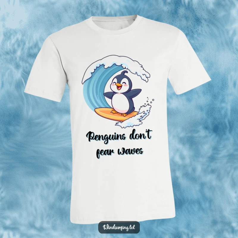 Funny penguin surfing, laughing hysterically as a large ocean wave approaches, depicted on a tee for pure comical beach fun.