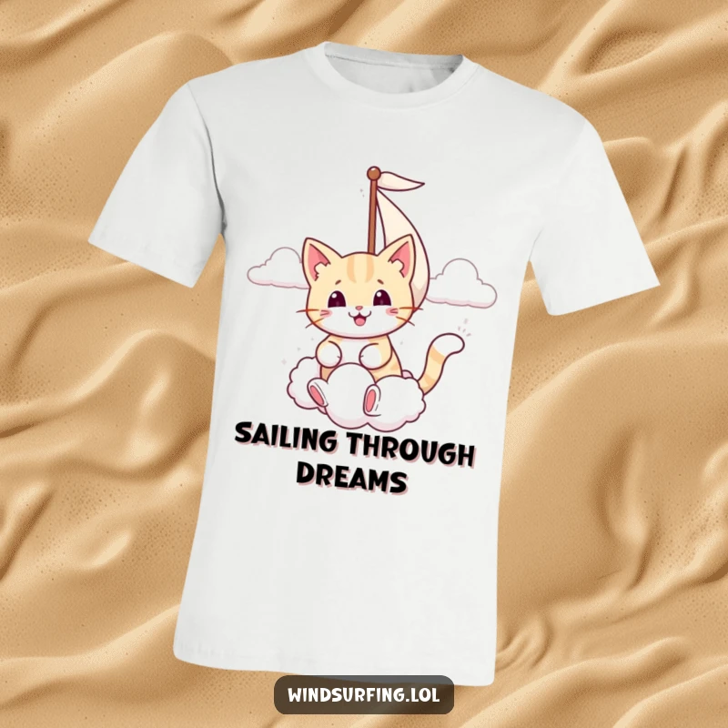 Funny t-shirt featuring a smiling cat sailing with a sail, playfully scooping up a soft, puffy cloud.