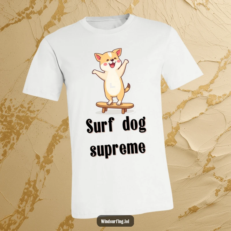 Funny T-Shirt featuring a goofy dog masterfully balancing on a surfboard, celebrating the joy of surfing with a wagging tail.