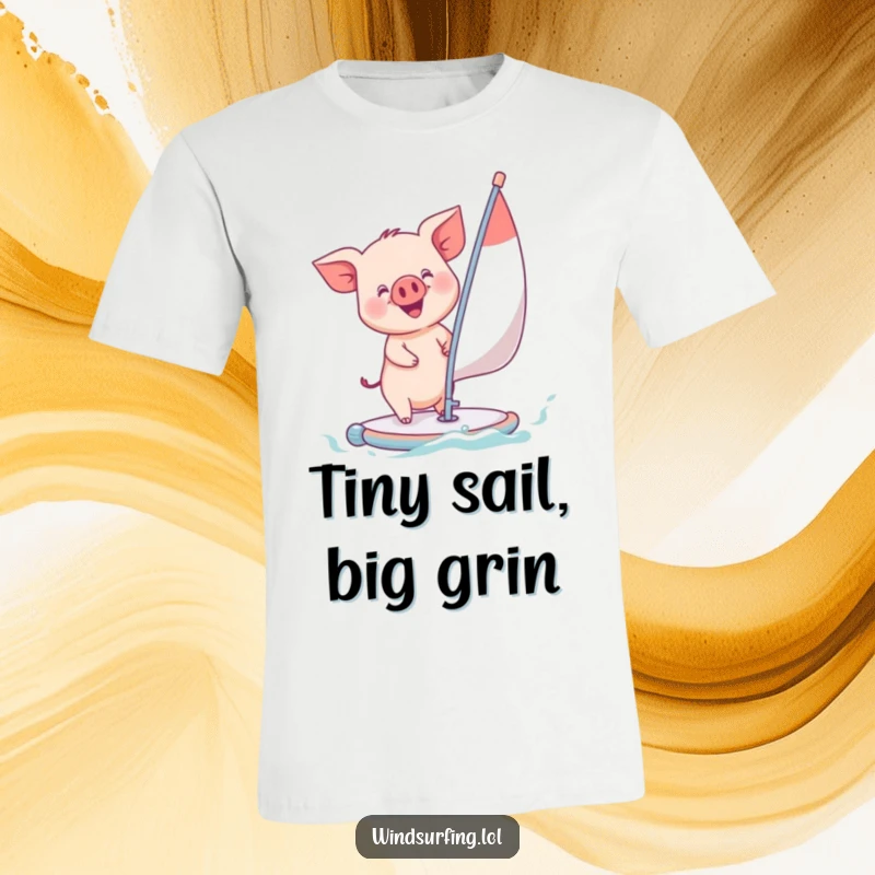 Funny piglet windsurfing with a wide grin on a small sail, showcasing pure joy and playful energy on a comfortable t-shirt.