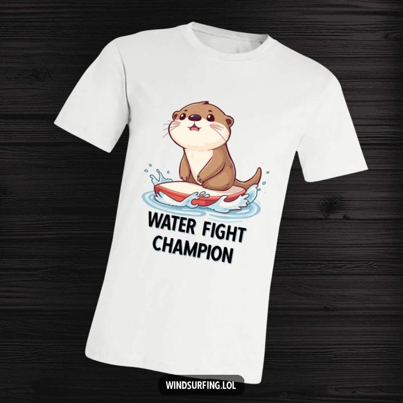 Funny t-shirt showing a surprised otter splashing water while expertly riding a sailboard, perfect for water sports enthusiasts.