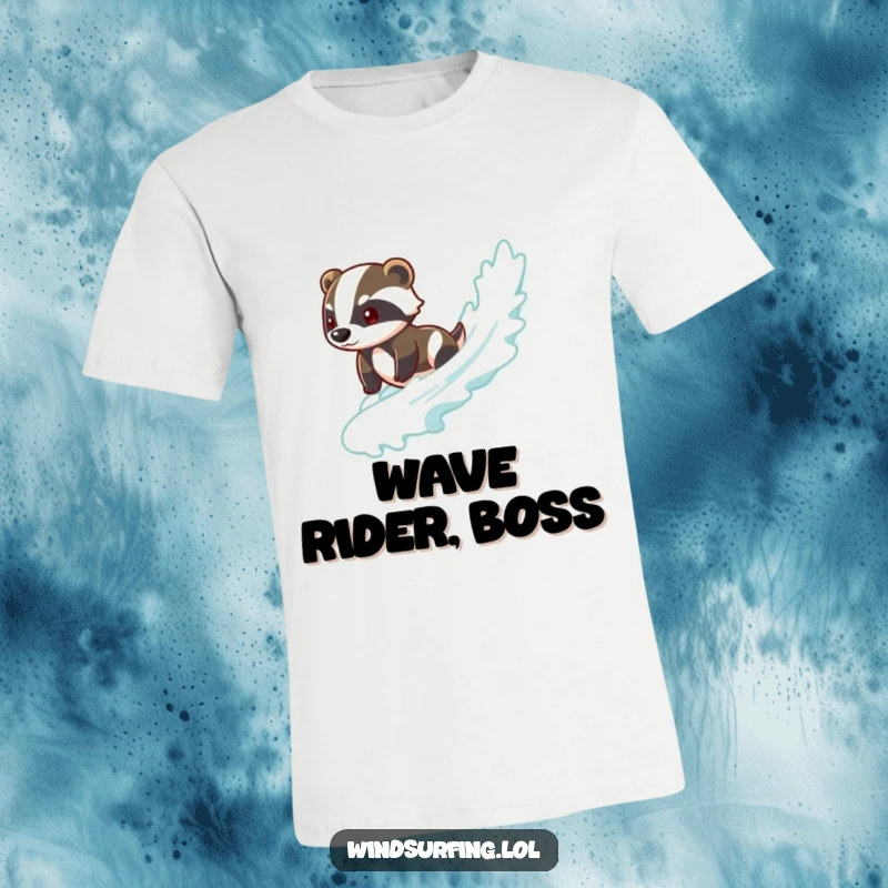 Funny badger t-shirt featuring a brave badger effortlessly gliding on a surfboard wave, showcasing a cool and confident personality.