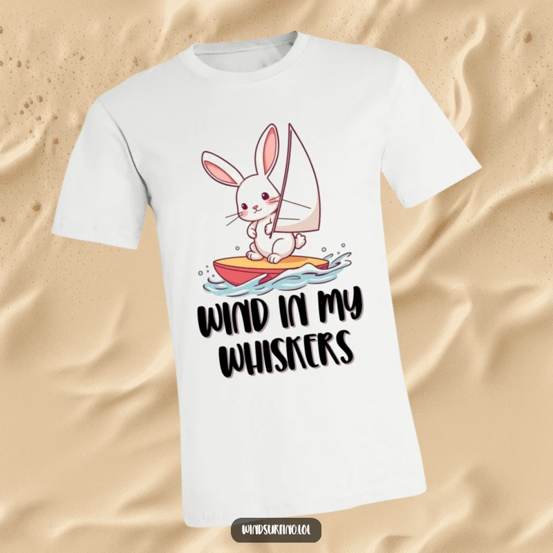 Funny T-shirt featuring a curious rabbit windsurfing, leaning into the wind, embodying adventure and fun, a cool gift.