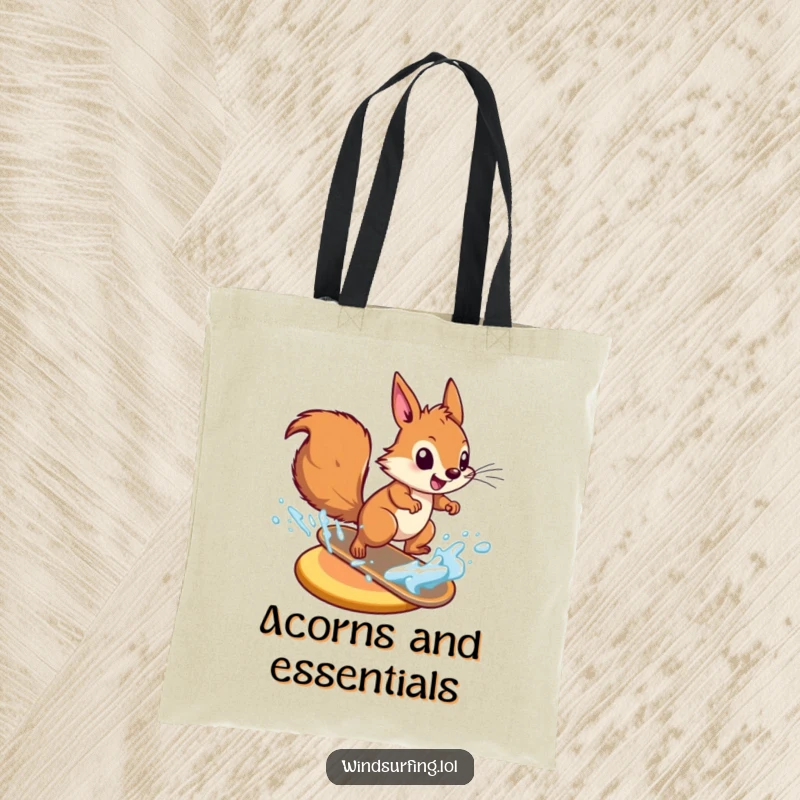 Funny energetic squirrel zooming across water on a board on a durable tote bag, perfect for carrying all your gear.