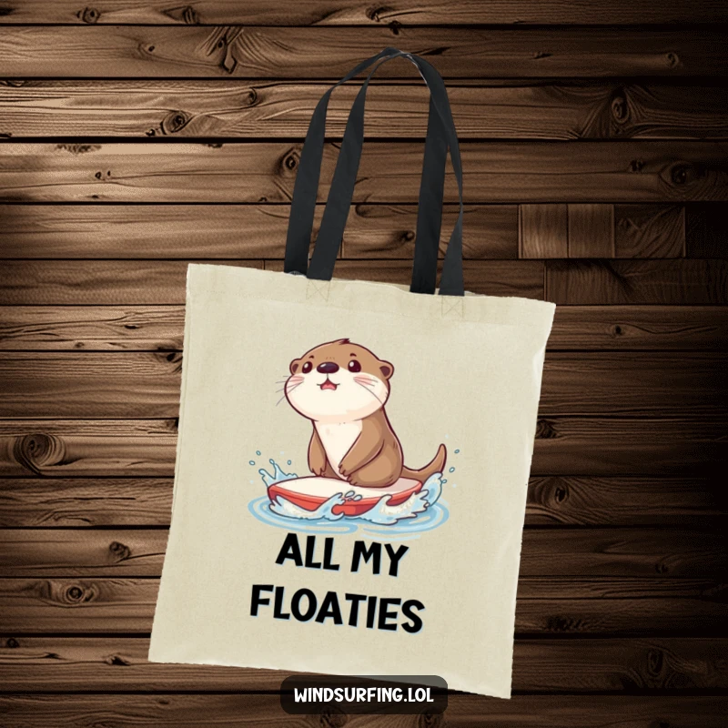 Funny tote bag with a surprised otter splashing water while riding a sailboard, ideal for carrying items with a splash of fun.