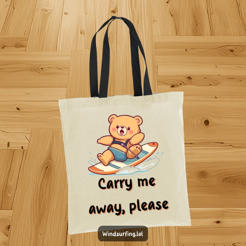 Funny tote bag illustrating a bear spectacularly falling off a windsurfing board, a picture of pure comical ineptitude.