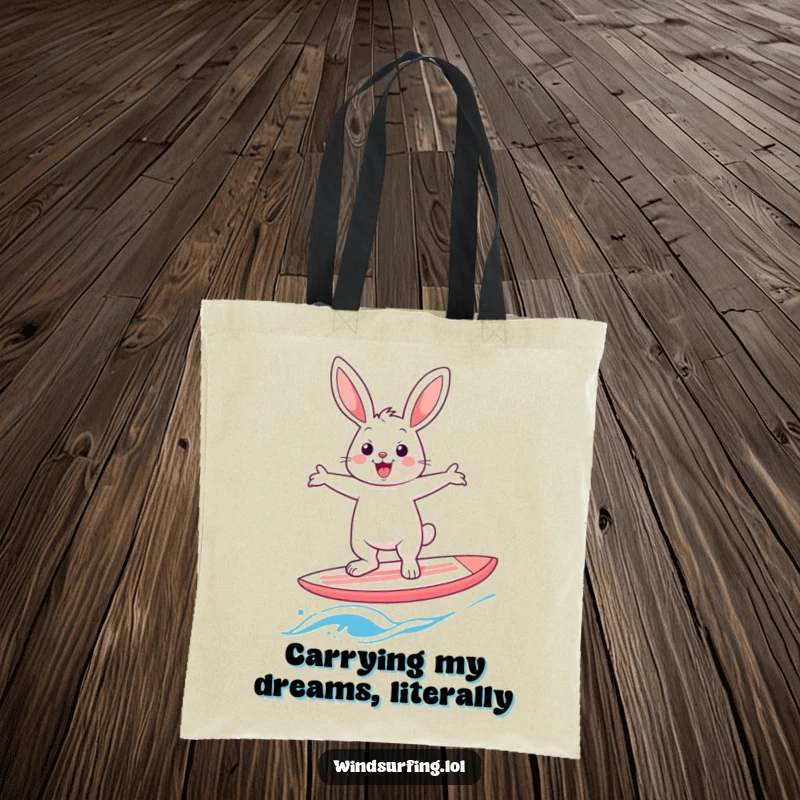 Funny rabbit windsurfer tote bag, showing a cheerful hare balancing expertly on a windsurf board with arms outstretched, ready for adventure.