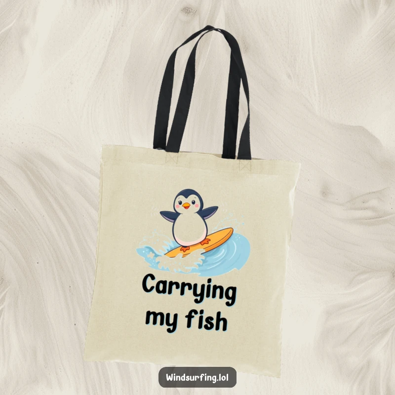 Funny illustration of a penguin windsurfing on a chaotic wave, printed on a durable tote bag.
