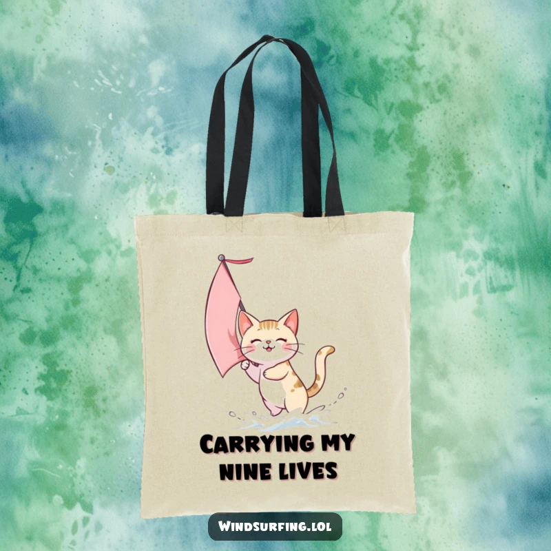 Funny tote bag depicting a cat with a sail catching a gust of wind, highlighting a joyful and adventurous spirit.