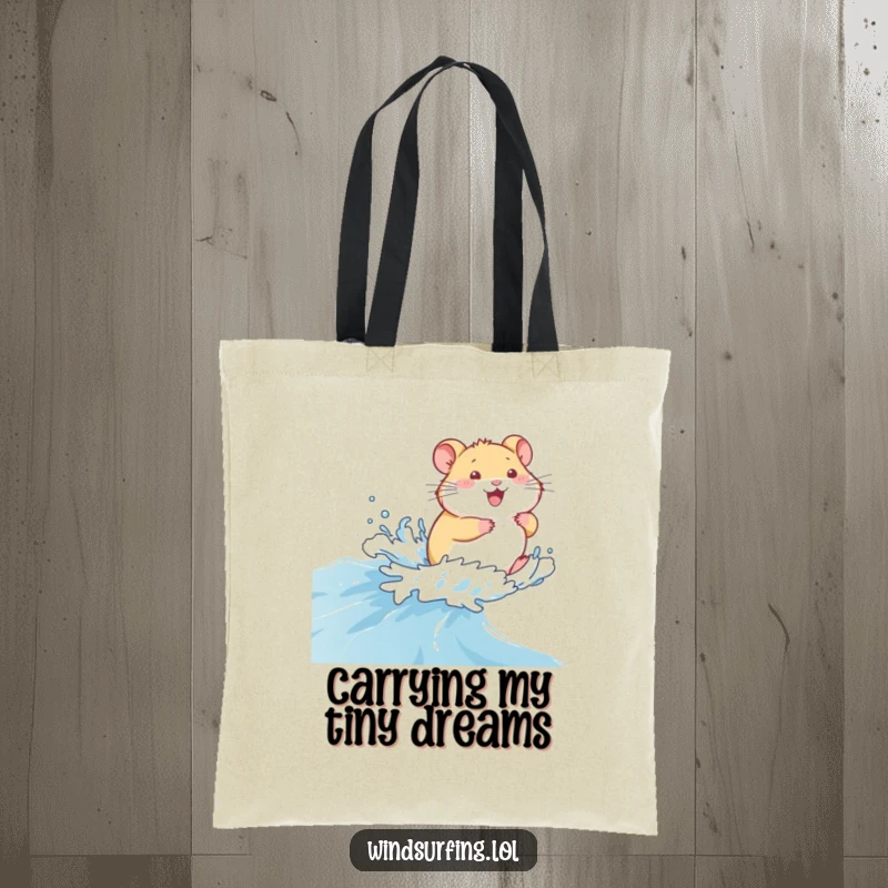 Funny Tote Bag: A giggling hamster zooming across a choppy sea, perfect for carrying essentials with tiny sailor flair, a practical funny gift.
