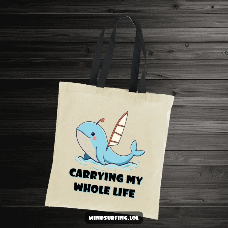 Funny whale spouting water, launching a windsurfing board, whimsical cartoon sea creature, practical and humorous tote.