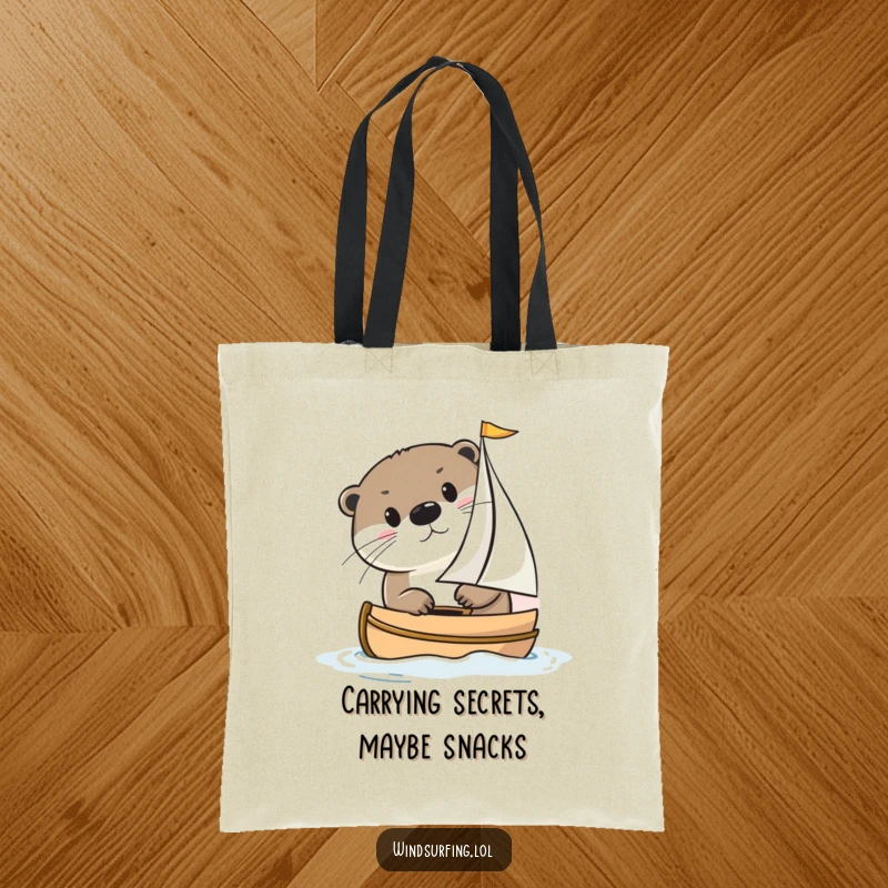 Funny otter peeking from a small sailboat on a durable tote bag, adding a touch of playful charm to everyday use.