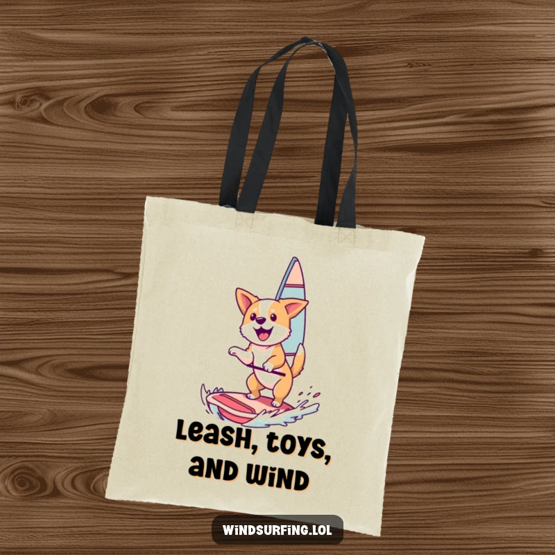 Funny Tote Bag: A happy dog catching air while windsurfing, symbolizing boundless energy and fun.