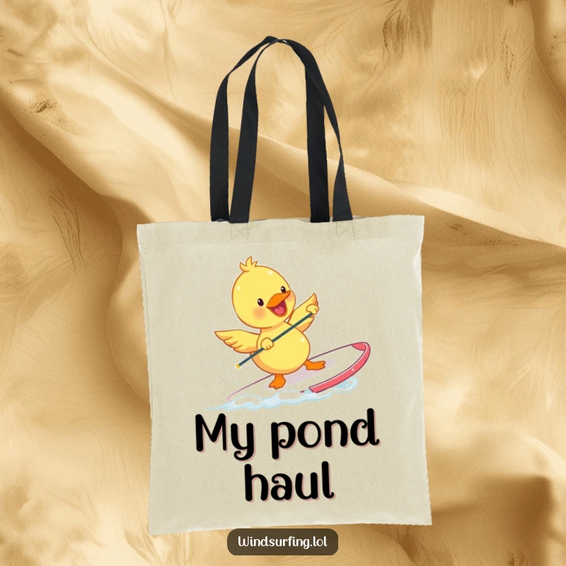 Funny Duckling Tote Bag with a happy duckling windsurfing with tiny flapping wings. A practical and humorous accessory for beach trips.