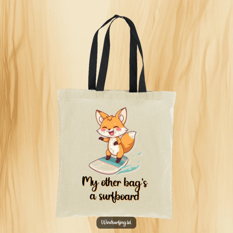 Funny fox windsurfing tote bag, depicting a gleeful fox airborne on a sailboard, ideal for carrying essentials with humor, thoughtful gift.