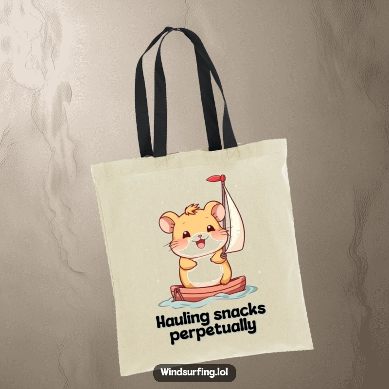 Funny Tote Bag: Smiling hamster uses a miniature sail to move, a humorous and charming illustration of personal drive.