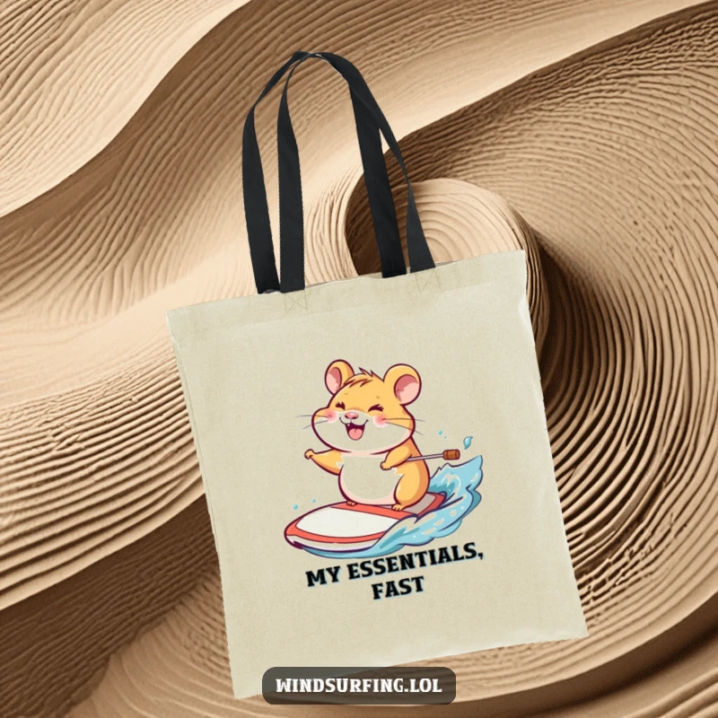 Funny tote bag with a cheerful hamster grinning broadly while steering a windsurf board across a body of water.