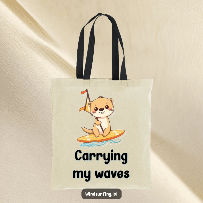 Funny tote bag showcasing a cheerful otter happily surfing on a board with a sail, enjoying the ocean.
