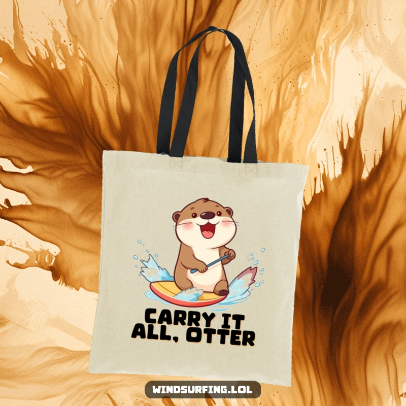 Funny otter splashing water while windsurfing on a board, depicted on a tote bag for a humorous and practical accessory.