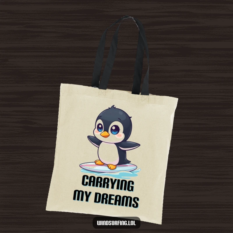 Funny tote bag showing a curious penguin with wide eyes, struggling to stay upright on a surfboard.
