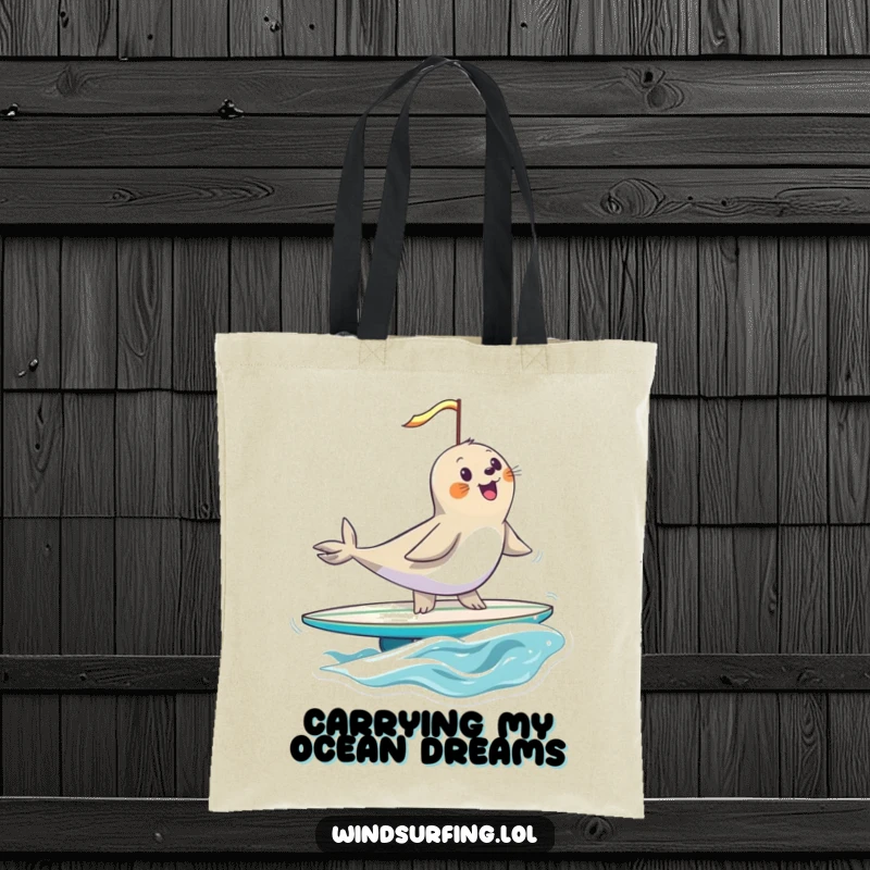 Funny seal balancing on a surfboard, its sail catching the wind, a charming and comical design perfect for carrying goods with a smile.