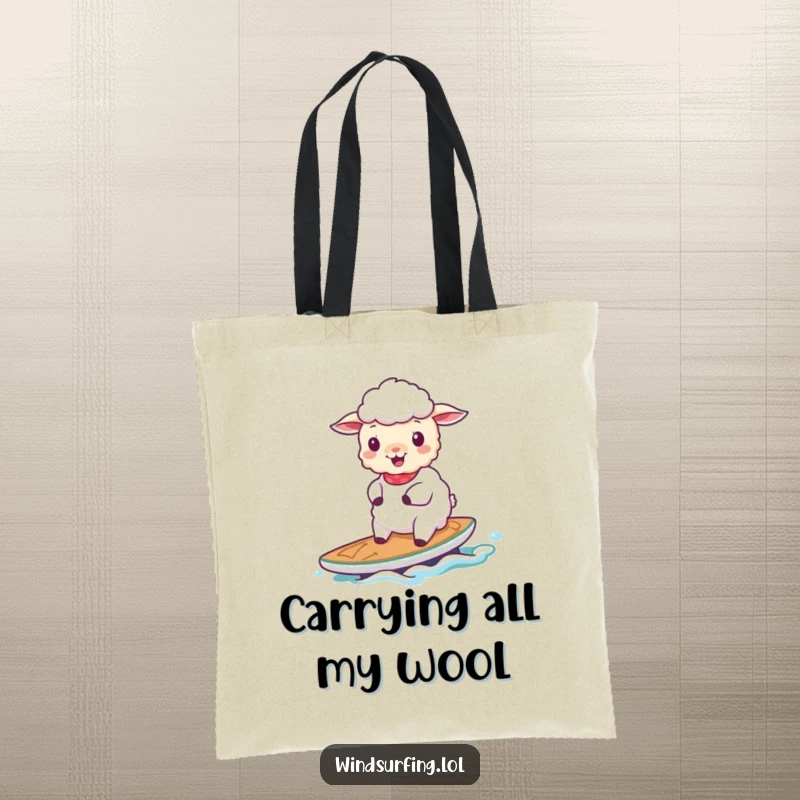 Funny cheerful sheep sailing on a small board on a durable tote bag, ideal for carrying daily necessities with a smile.