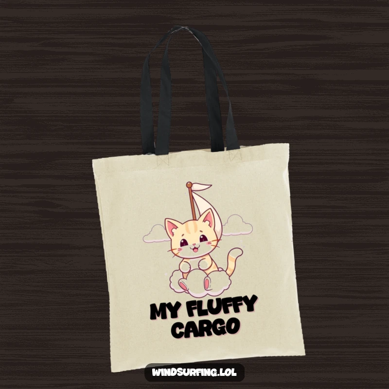 Funny tote bag showing a smiling cat sailing with its sail extended to catch a puffy cloud.