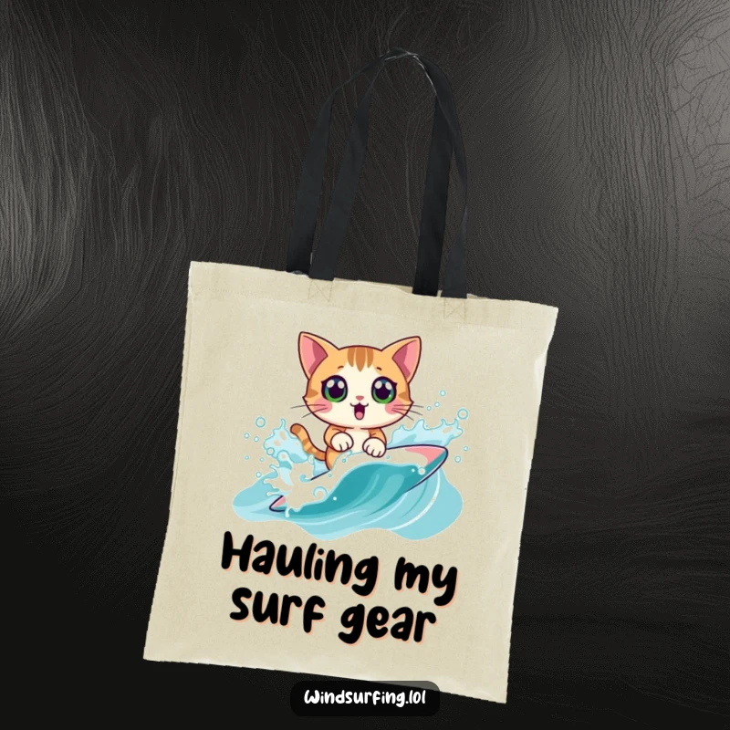 Funny Tote Bag: A surprised cat windsurfing, perfect for carrying beach essentials with a splash of humor, a practical funny gift.