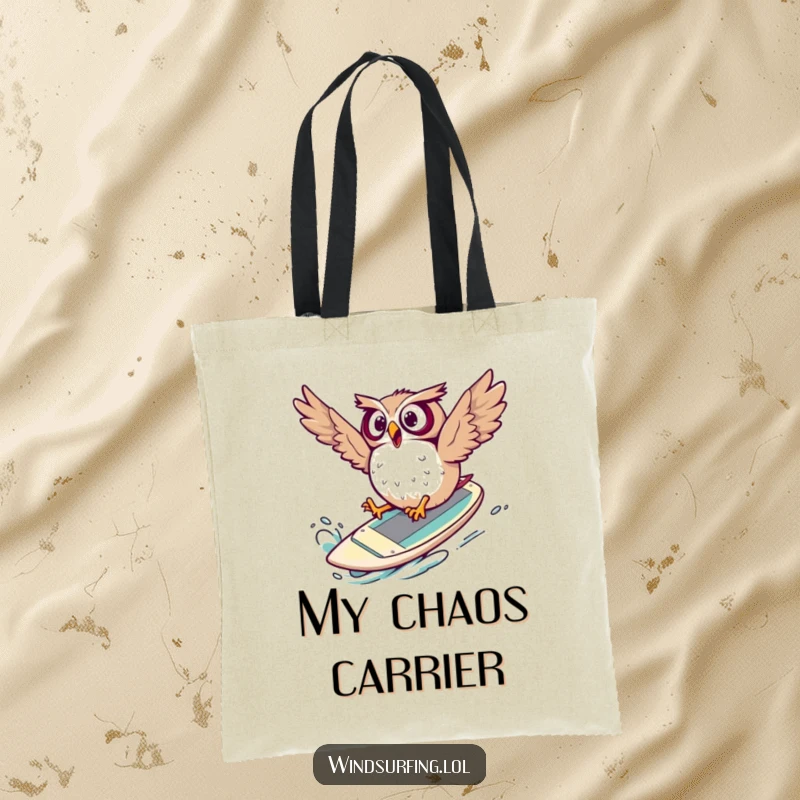 Funny Tote Bag illustrating a surprised owl dramatically falling off a windsurf board, capturing a moment of comical surprise.