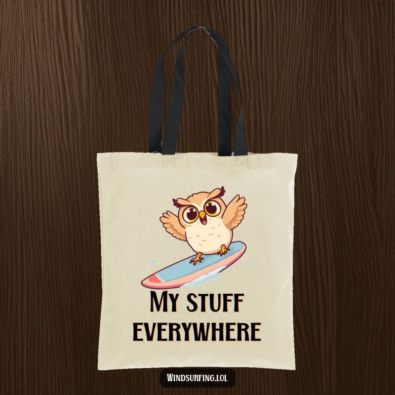Funny owl tote bag featuring a surprised owl tumbling from a windsurf board, a comically chaotic design for everyday use.