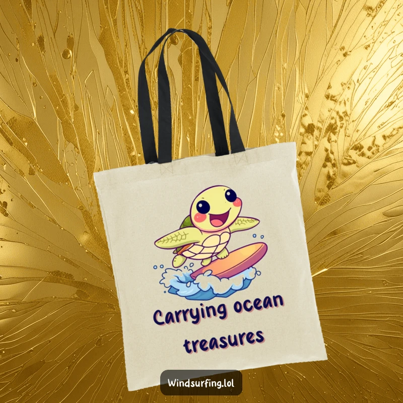 Funny tote bag showing a joyful sea turtle surfing a small wave. Ideal for carrying essentials with beach humor.