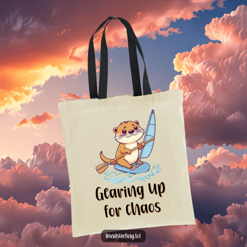 Funny Tote Bag: A determined otter paddles a windsurfing board, a funny accessory for carrying your items.