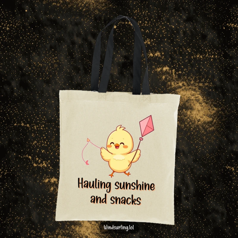 Funny tote bag with a delighted chick using a kite as a sail, perfect for carrying everyday items with cheerful humor.