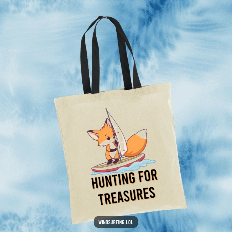 Funny, curious fox adjusting its sail on a small surfboard, depicted on a tote bag for a humorous and practical carrying solution.