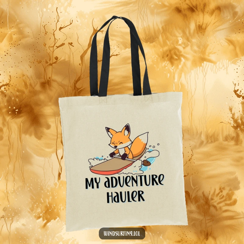 Funny Tote Bag featuring a determined fox steering a board through choppy waves, embodying cleverness and resourcefulness.