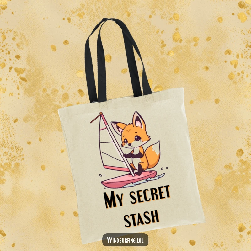 Funny fox windsurfer tote bag, illustrating a curious fox navigating a windsurf sail with playful intent, an adventurous and practical accessory.