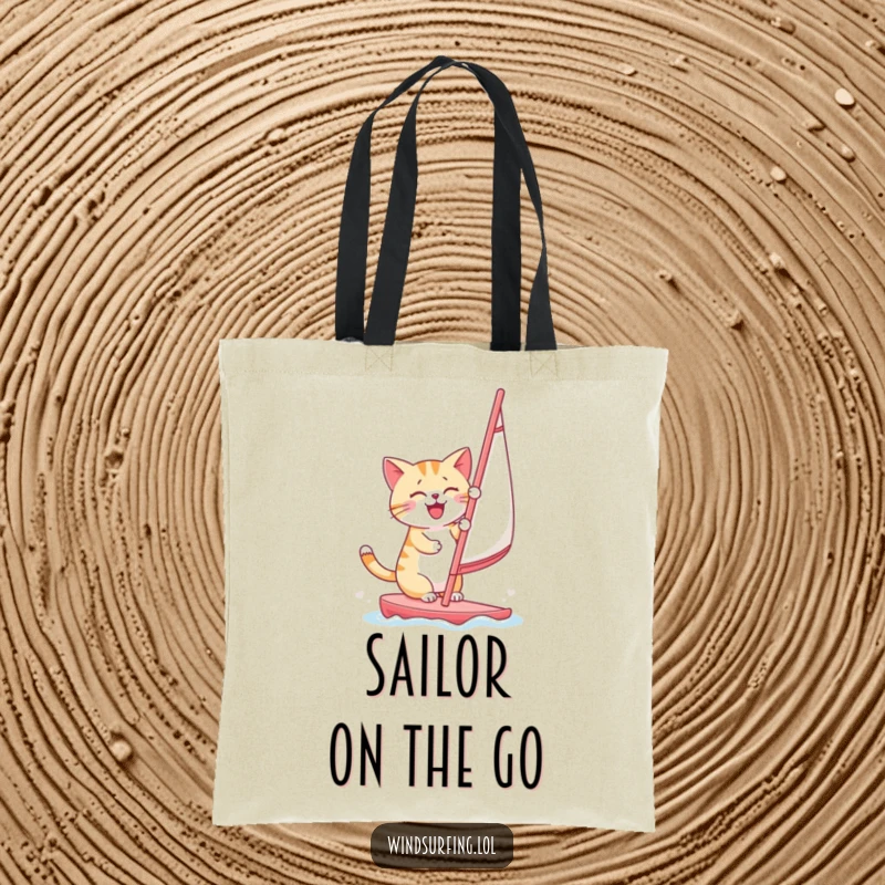Funny cartoon cat windsurfing with confidence, ready to carry your items in this durable tote bag.